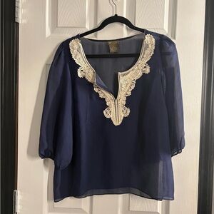 Anthropologie Navy Blouse with Cream Embroidery